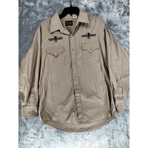PLAINS Western Wear Men's L Tan Long Sleeve Embroidered Thunderbird Snap Shirt